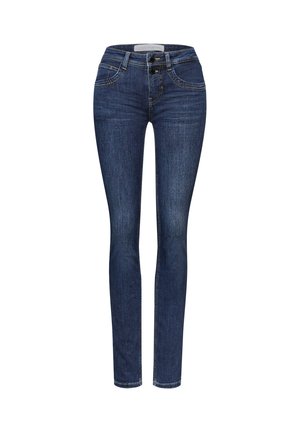 Schlanke Jeans aus dunkelblauem Denim, mit hoher Taille, zwei Fronttaschen, subtilen Nähten und einem Zwei-Knopf-Verschluss.