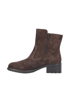 Ankle-high brown suede boot with side zipper, low block heel, and contrast stitching along the upper and zipper area.
