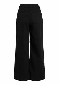 Pantalones de mezclilla negros de pierna ancha con una cintura alta, dos bolsillos traseros y un acabado limpio con detalles de costura mínimos.
