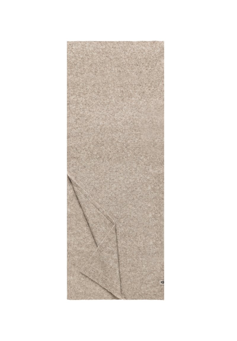 Beige woolen blanket with a soft texture, featuring a folded corner. Simple design, rectangular shape, with a subtle fiber pattern.