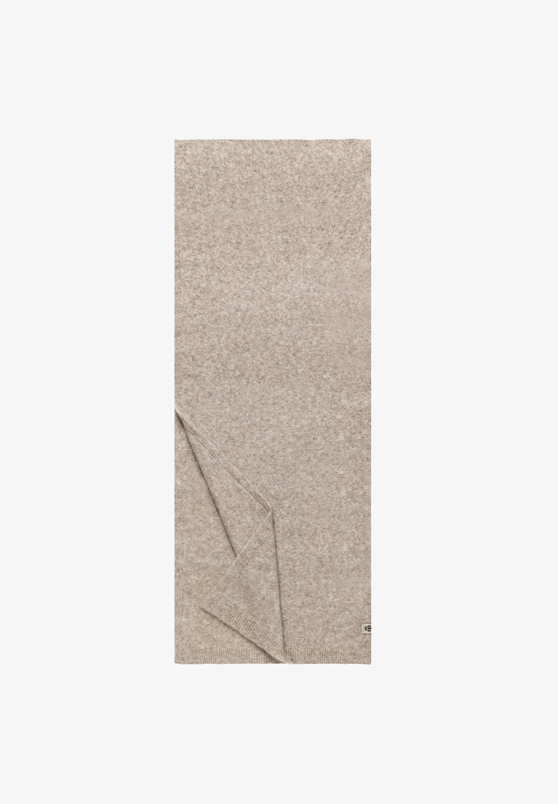 Beige woolen blanket with a soft texture, featuring a folded corner. Simple design, rectangular shape, with a subtle fiber pattern.
