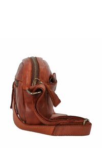 Brown leather crossbody bag with a zippered closure, rounded shape, and adjustable strap, featuring minimal hardware and soft texture.