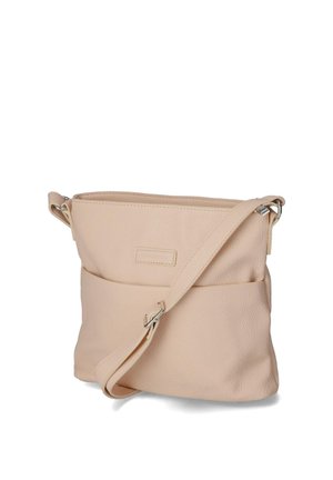 Beige leather crossbody bag with adjustable strap, rectangular shape, and front pocket detail against white background.