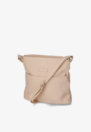 Beige leren crossbodytas met verstelbare riem, rechthoekige vorm en voorkantvakdetail tegen een witte achtergrond.