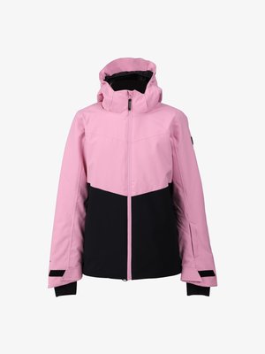 Rosa und schwarze Kapuzenjacke mit Frontreißverschluss, langen Ärmeln und verstellbaren Bündchen auf einem weißen Hintergrund.