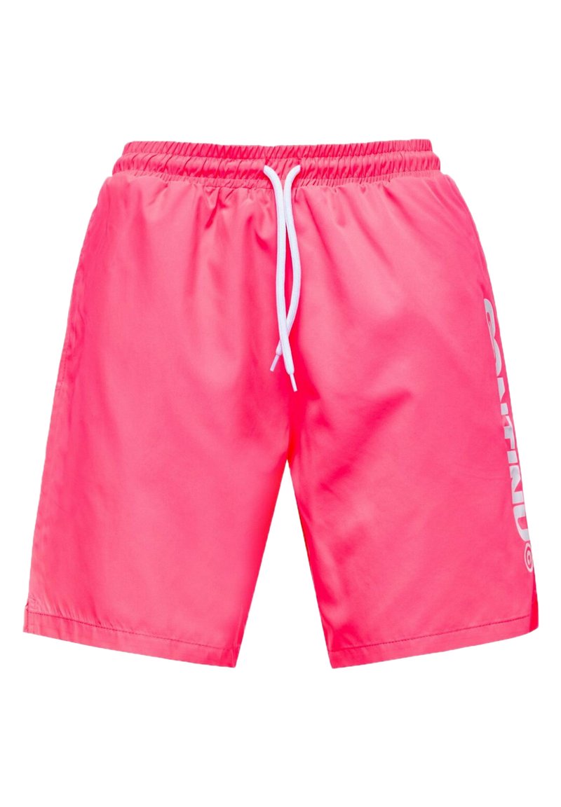 Roze zwembroek met een elastische tailleband, witte trekkoorden en een bedrukte logodetail op het linker been. Lichtgewicht en gladde textuur.