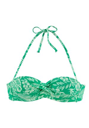 Grüner floraler Bikinitop mit gepolsterten Cups, gedrehtem Zentrum, verstellbaren Halterträgern und einer Mischung aus hellen und dunklen grünen Blattmustern.