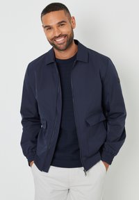 Dunkelblaues, leichtes Jacket mit Reißverschluss, Stehkragen und seitlichen Taschen; verfügt über elastische Bündchen und eine glatte, matte Oberfläche.