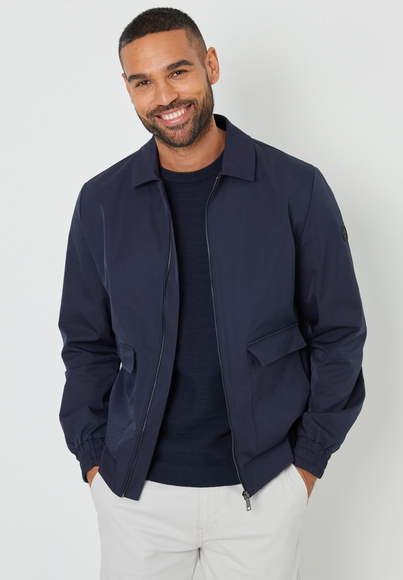 Dunkelblaues, leichtes Jacket mit Reißverschluss, Stehkragen und seitlichen Taschen; verfügt über elastische Bündchen und eine glatte, matte Oberfläche.