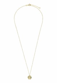Gouden halsketting met een dunne ketting en een ronde hanger met stralende lijnen vanuit het midden. De hanger heeft een gestructureerde afwerking.