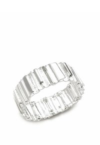 Pulsera de plata hecha de piezas rectangulares enlazadas con superficies alternas lisas y texturizadas; incluye un único acento brillante.