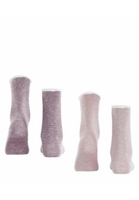 Paarse en roze gestreepte sokken met ribbelontwerp, zachte textuur en witte boorden. Ze vertonen verschillende hoogtes met een gelijkmatig patroon.