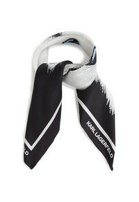 Sort silkebånd med et monokromt design, der har blå accenter og hvide kanter. "KARL LAGERFELD" trykt med fed hvid skrift.