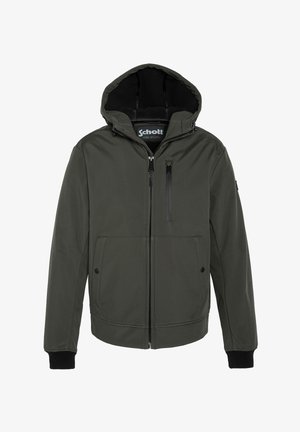 Chaqueta con capucha de color verde oscuro, fabricada con un material suave, que cuenta con un cierre frontal, dos bolsillos laterales y un bolsillo en el pecho con cierre de cremallera.