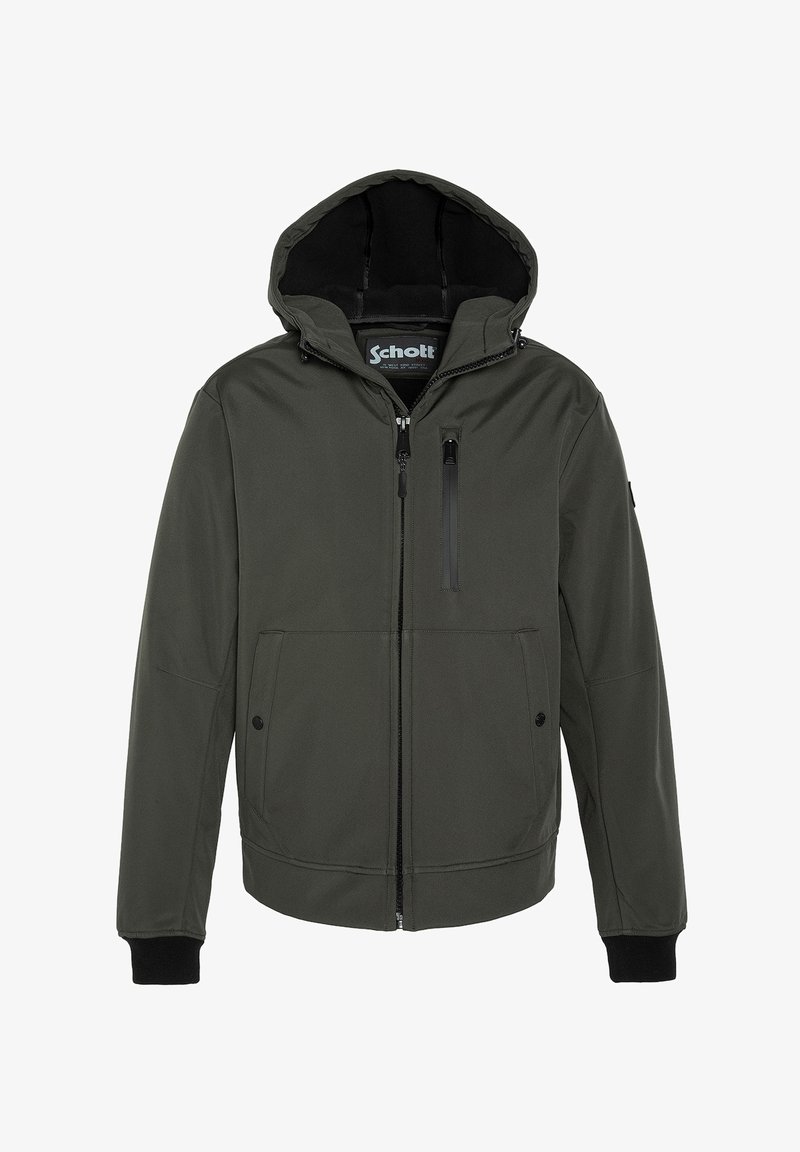 Donkergroene hoodie-jack gemaakt van glad materiaal, met een ritssluiting aan de voorkant, twee zijzakken en een borstzak met ritssluiting.