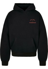 Black hoodie with a kangaroo pocket. Features a graphic text design in orange on the chest and ribbed cuffs and hem. Soft fabric.