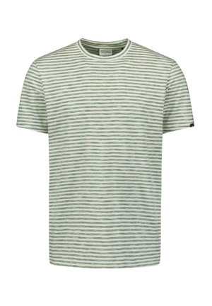 Gestreept T-shirt in lichtgroen en wit, met korte mouwen, ronde hals, gemaakt van zachte stof met een subtiele structuur, met horizontale strepen.