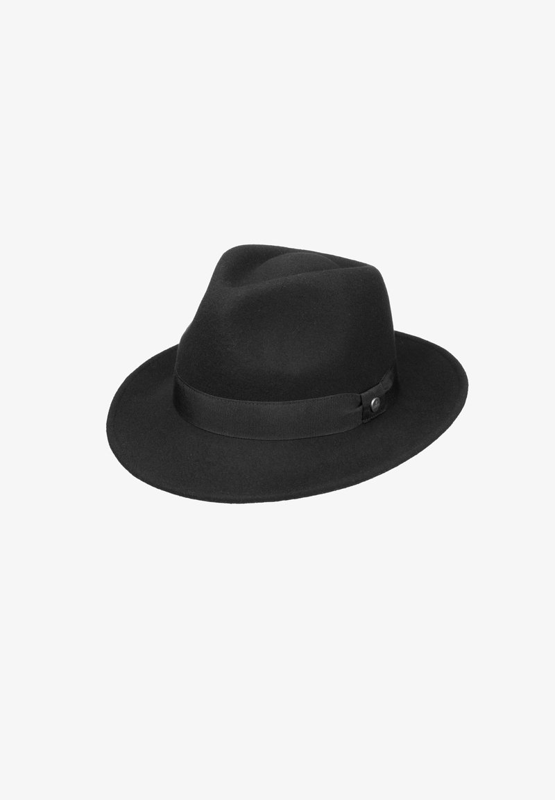 Schwarzer Filzhut mit breiter Krempe, ausgestattet mit einem strukturierten schwarzen Bändchen und einem kleinen dekorativen Metalldetail.