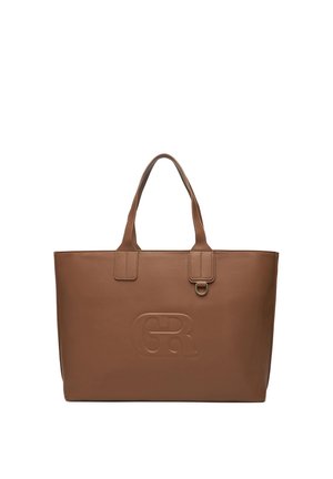 Braune Ledertasche mit zwei Griffen, dezent geprägt Logo auf der Vorderseite und einem kleinen Metallring unter einem Griff.