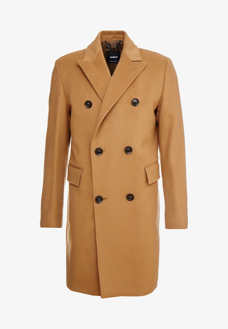 Manteau homme en laine de chameau croisé avec larges revers, six boutons noirs et deux poches à rabat sur les côtés avant.