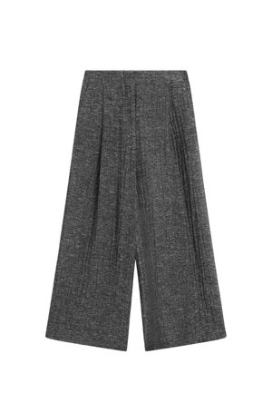Pantaloni cropped a gamba larga in tessuto grigio scuro testurizzato con vita alta e pieghe frontali.