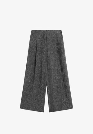 Weit geschnittene, gekürzte Hose aus dunkelgrauem, strukturiertem Stoff mit hoher Taille und vorderen Falten.