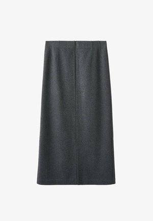 Szara wełniana spódnica o długości midi z prostym krojem, gładką fakturą, dwoma przednimi zakładkami oraz rozcięciem z tyłu dla swobody ruchów.
