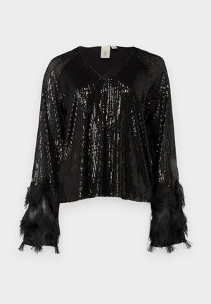 Schwarzes Pailletten-Oberteil mit V-Ausschnitt, langen Ärmeln verziert mit schwarzen Fransen, strukturierten Pailletten, die den Körper bedecken, und einer cropped Passform.