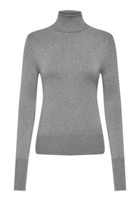 Pull gris à col roulé avec manches longues, en tissu tricoté doux. Présente une coupe ajustée et des détails côtelés aux poignets et à l'ourlet.