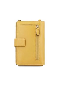 Yellow leather wallet with a zippered pocket, snap closure, and smooth texture; features neat stitching and a compact rectangular shape.