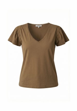 Blusa marrone a maniche corte con scollo a V e rifiniture in pizzo su maniche e scollo, realizzata in tessuto morbido, taglia piccola della marca Morgan.