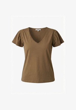 Blouse brune à col en V et manches courtes avec bordure en dentelle sur les manches et le décolleté, en tissu doux, taille petite, de la marque Morgan.