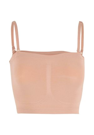 Perzikkleurige bralette met verstelbare bandjes, naadloos ontwerp, rekbare stof en een soepele textuur. Heeft een minimalistische structuur.
