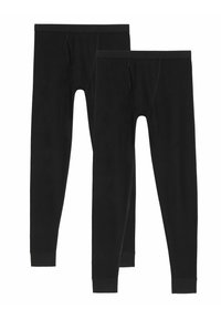 Deux paires de leggings noirs avec une texture douce, une taille élastique et des poignets côtelés. Conçus pour le confort et la flexibilité.