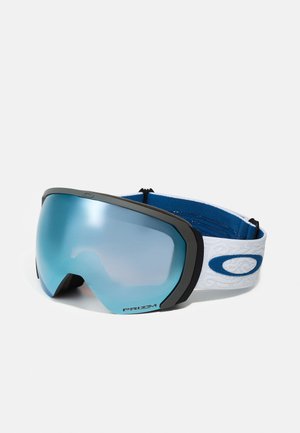 Maschera da sci con una grande lente blu specchiata, montatura nera e fascetta bianca con un design testurizzato e logo.