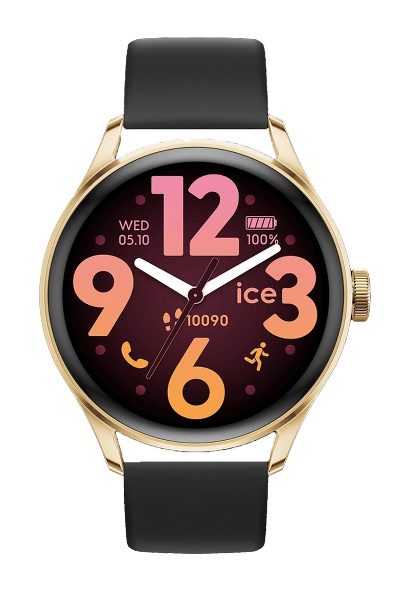 Orologio smartwatch rotondo con cinturino in silicone nero; cassa in metallo oro. Display digitale colorato che mostra grandi numeri e icone su uno sfondo scuro.