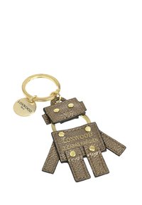 Porte-clés en forme de petit robot avec un corps en cuir texturé marron, des rivets dorés et un anneau doré gravé "LOXWOOD Paris".