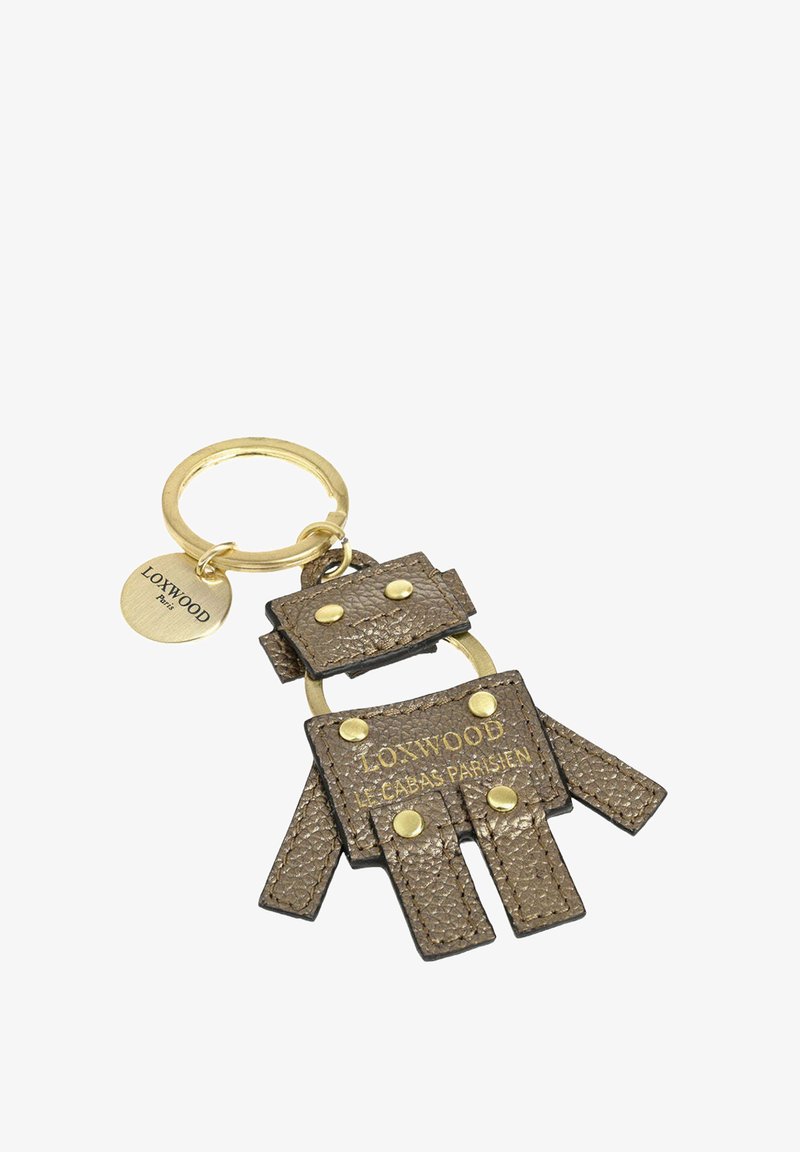 Porte-clés en forme de petit robot avec un corps en cuir texturé marron, des rivets dorés et un anneau doré gravé "LOXWOOD Paris".