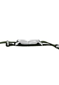 Silver metal watch case with a smooth finish, featuring a green woven strap and a crown at the side. Slim profile design for easy wear.
