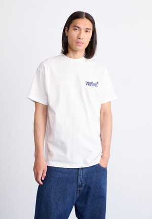 White cotton t-shirt with short sleeves and a crew neck. Features purple embroidered text "Witopia" on the left chest area.