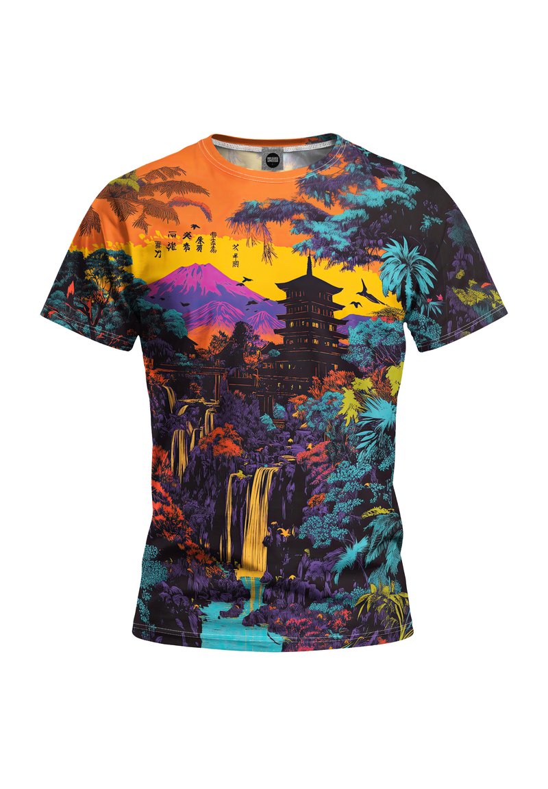 Short-sleeve t-shirt featuring a vibrant landscape print with mountains, a pagoda, and waterfalls in orange, purple, and teal colors.