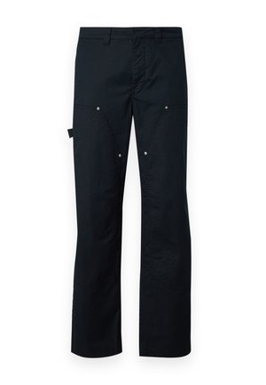 Black cargo pants made of durable fabric, featuring a straight cut, multiple pockets, and subtle silver hardware accents.