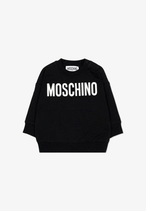 Sweatshirt bébé noir avec le texte blanc "MOSCHINO" au niveau de la poitrine et des boutons-pression sur l'épaule gauche.