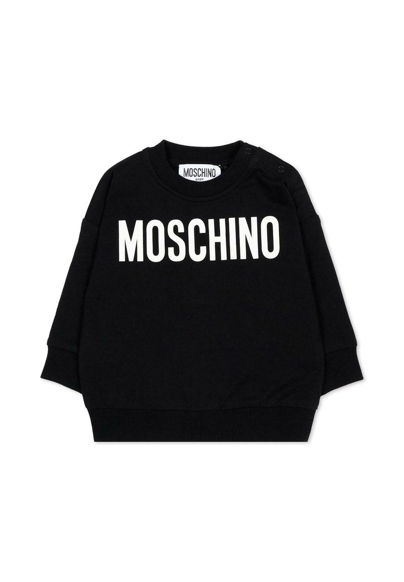 Sweatshirt bébé noir avec le texte blanc "MOSCHINO" au niveau de la poitrine et des boutons-pression sur l'épaule gauche.