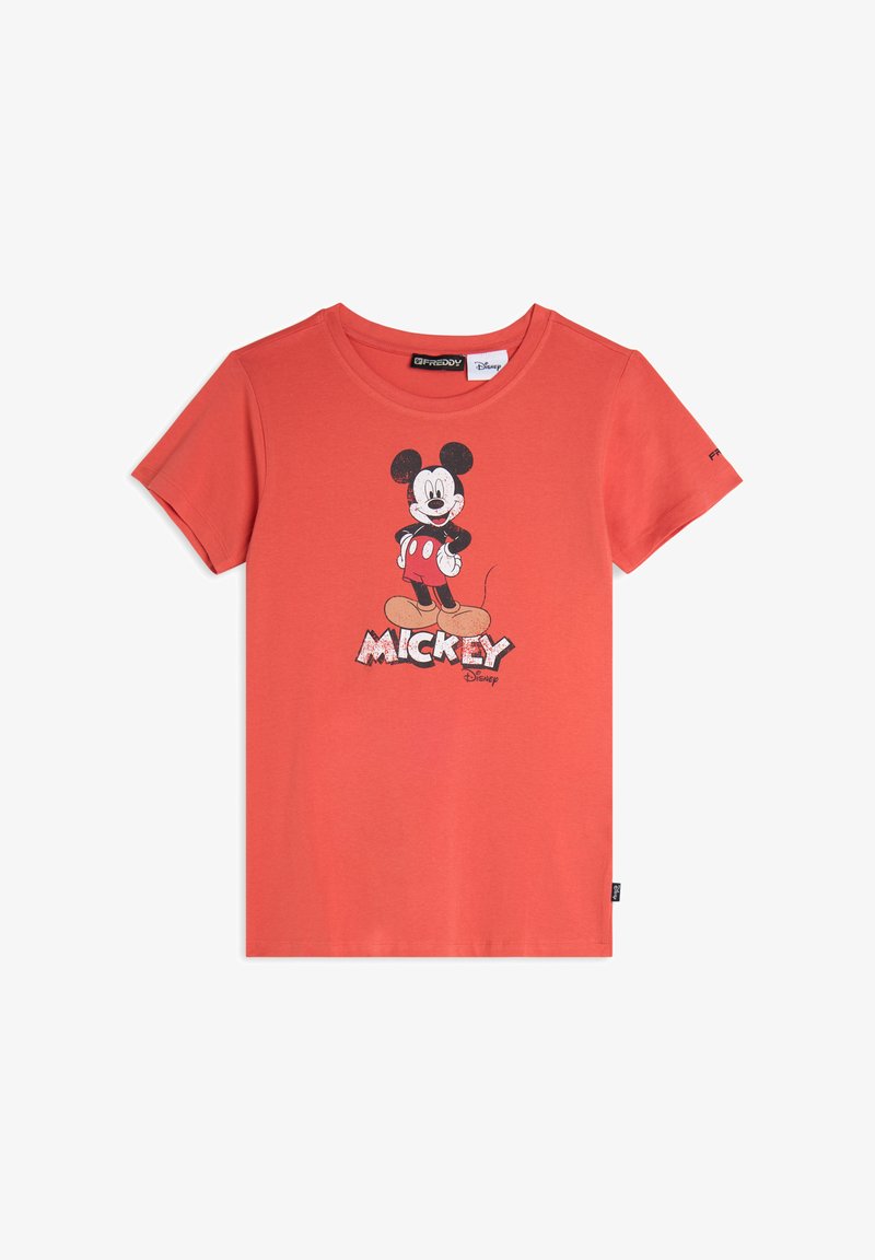 Camiseta de algodón de color coral, de manga corta, con un gráfico de Mickey Mouse y letras en negrita. Ligera, de corte informal.