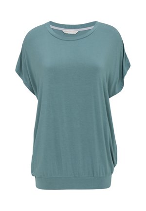 Locker sitzendes kurzärmeliges türkisfarbenes Oberteil mit Rundhalsausschnitt und tailliertem Saumbund.