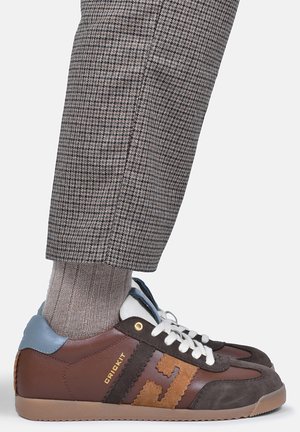 Brązowy i szary, skórzany sneaker z białymi sznurowadłami, niebieską pętelką na pięcie oraz wzorzyste brązowe spodnie i szare skarpety prążkowane.