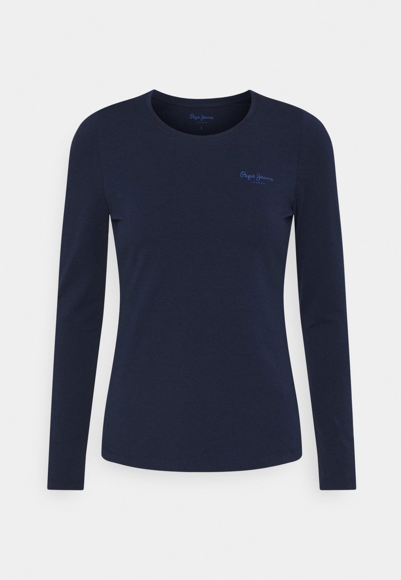 Långärmad t-shirt i marinblå bomull med rund halsringning och liten brandlogo i kontrasterande blått på bröstet. Mjuk och slät textur.