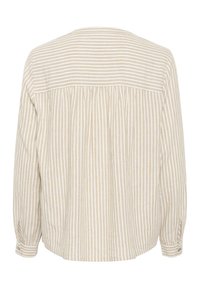 Lässige Bluse mit langen Ärmeln in Beige und Weiß mit vertikalen Streifen. Mit einem gerafften Rücken und knöpfbaren Manschetten. Strukturierter Stoff.