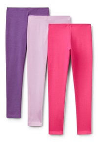 Drei Paare einfarbiger Leggings in lila, hellrosa und knallpink, flach ausgelegt und übereinanderliegend auf einem weißen Hintergrund.